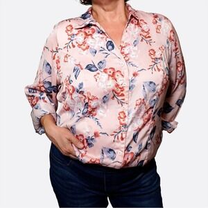 Vintage Y2K Soft Pink Floral Button-Down Blouse 1X 2X 16‎ 18 Plus Size Romantic